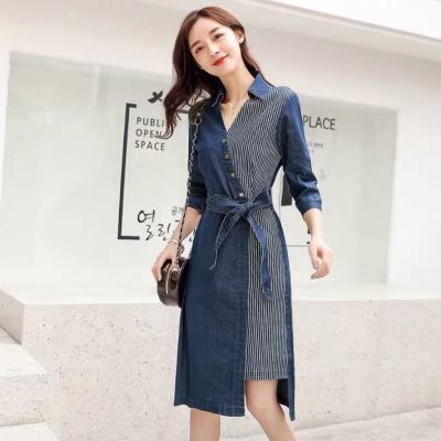 ĐẦM JEAN DENIM CỔ SƠ MI PHỐI SỌC THẮT NƠ EO - NJ922